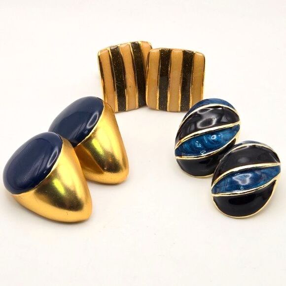 Three Pair of Vintage Gold Tone and Enamel Clip-On Earrings - Picture 1 of 3